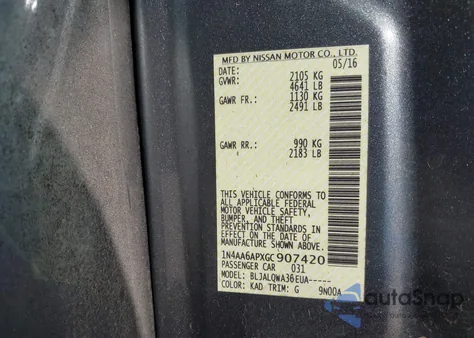 2016 Nissan Maxima 3.5 S z USA, uszkodzony, nr VIN 1N4AA6APXGC907420